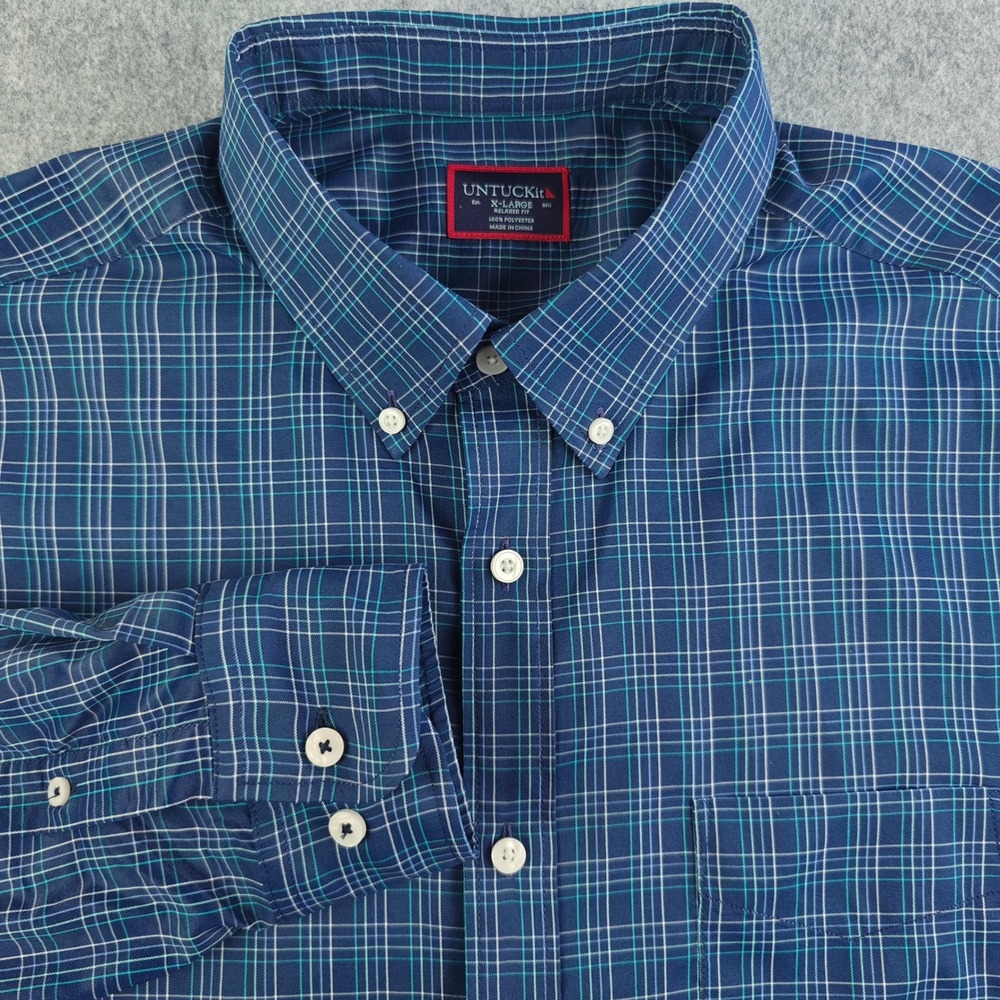 UNTUCKit Mens XL Relaxed Fit Blue Plaid Long Sleeve Button Down Shirt